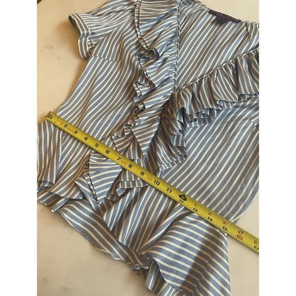 Ralph Lauren Collection Purple Label Blue Pinstripe Ruffle Silk Blouse Runway M - Picture 9 of 13